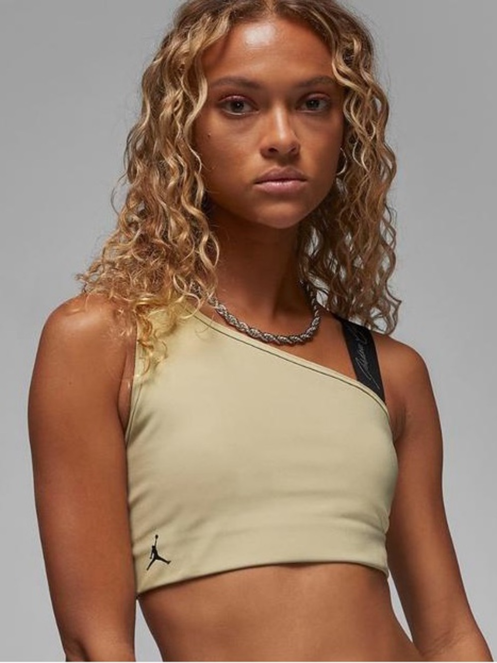 Nike Jordan Women’s One-Shoulder Crop Top in Light Taupe with Black Trim